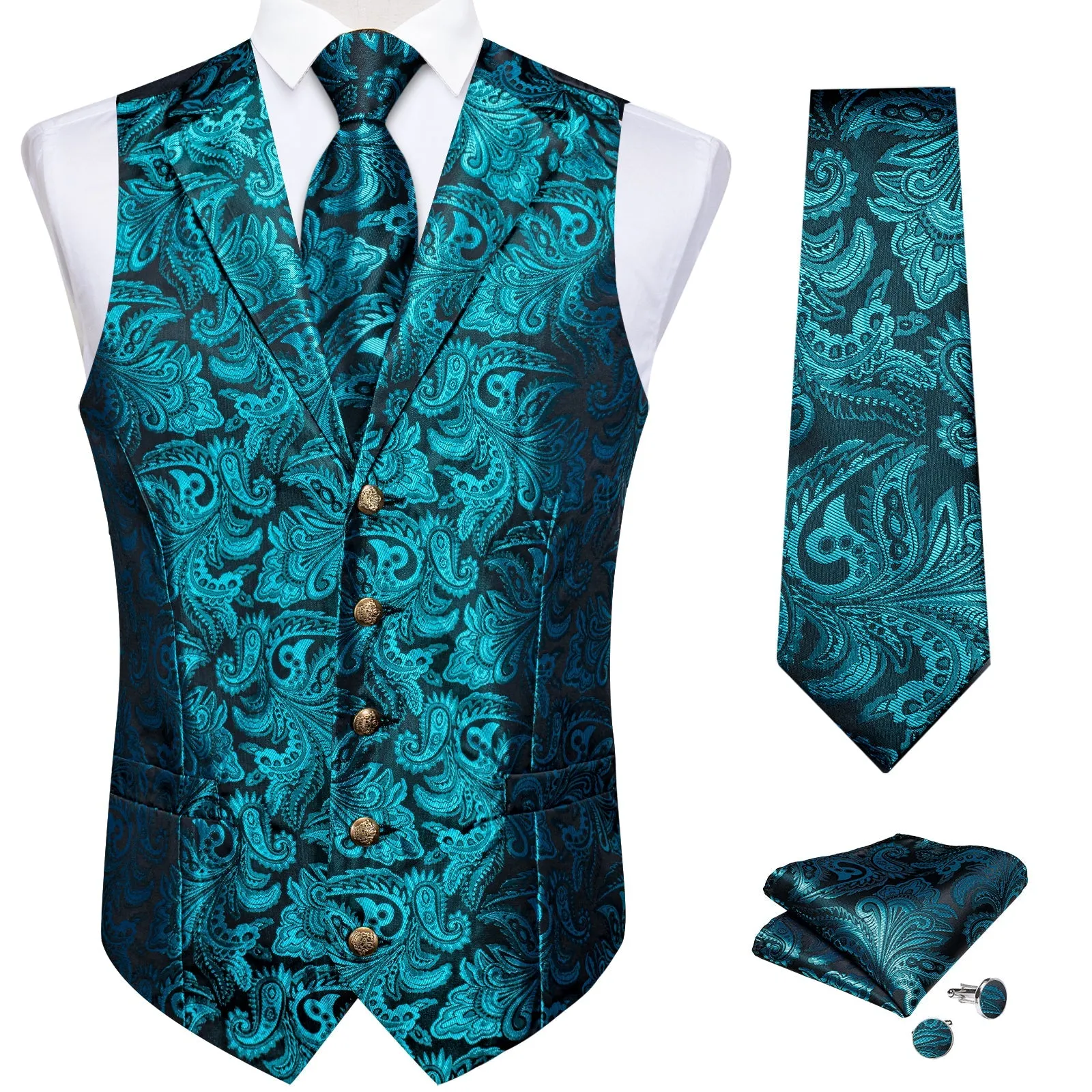 Lake Blue Paisley Men's Collar Vest Tie Hanky Cufflinks Set Waistcoat Suit Set