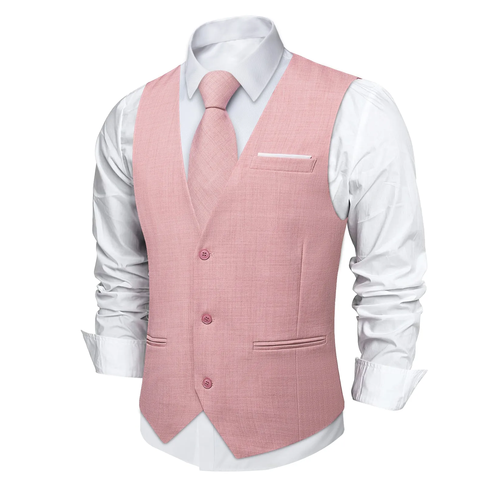 LightPink Solid Jacquard Men's Vest Hanky Cufflinks Tie Set