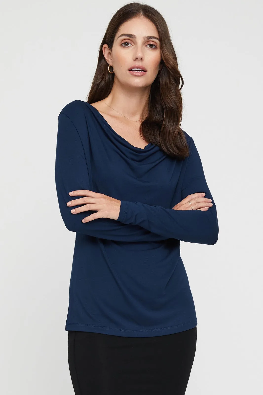 Long Sleeve Cowl Neck Top - Navy