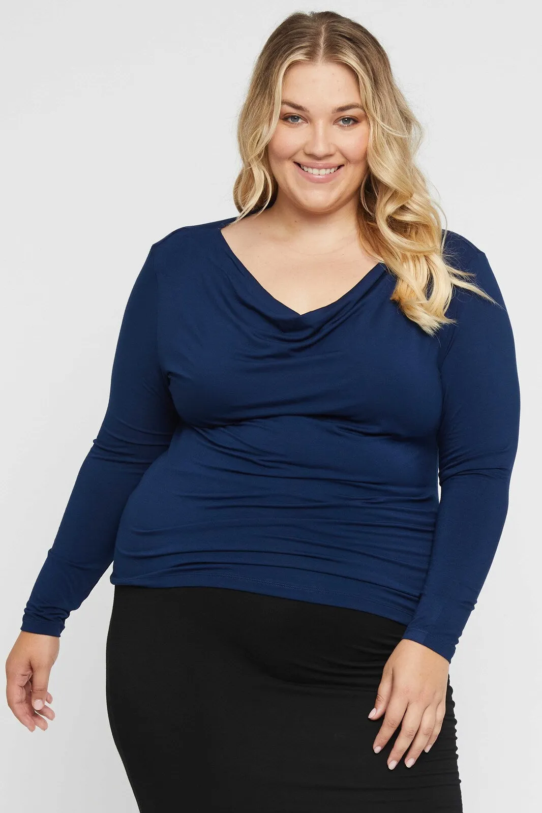 Long Sleeve Cowl Neck Top - Navy