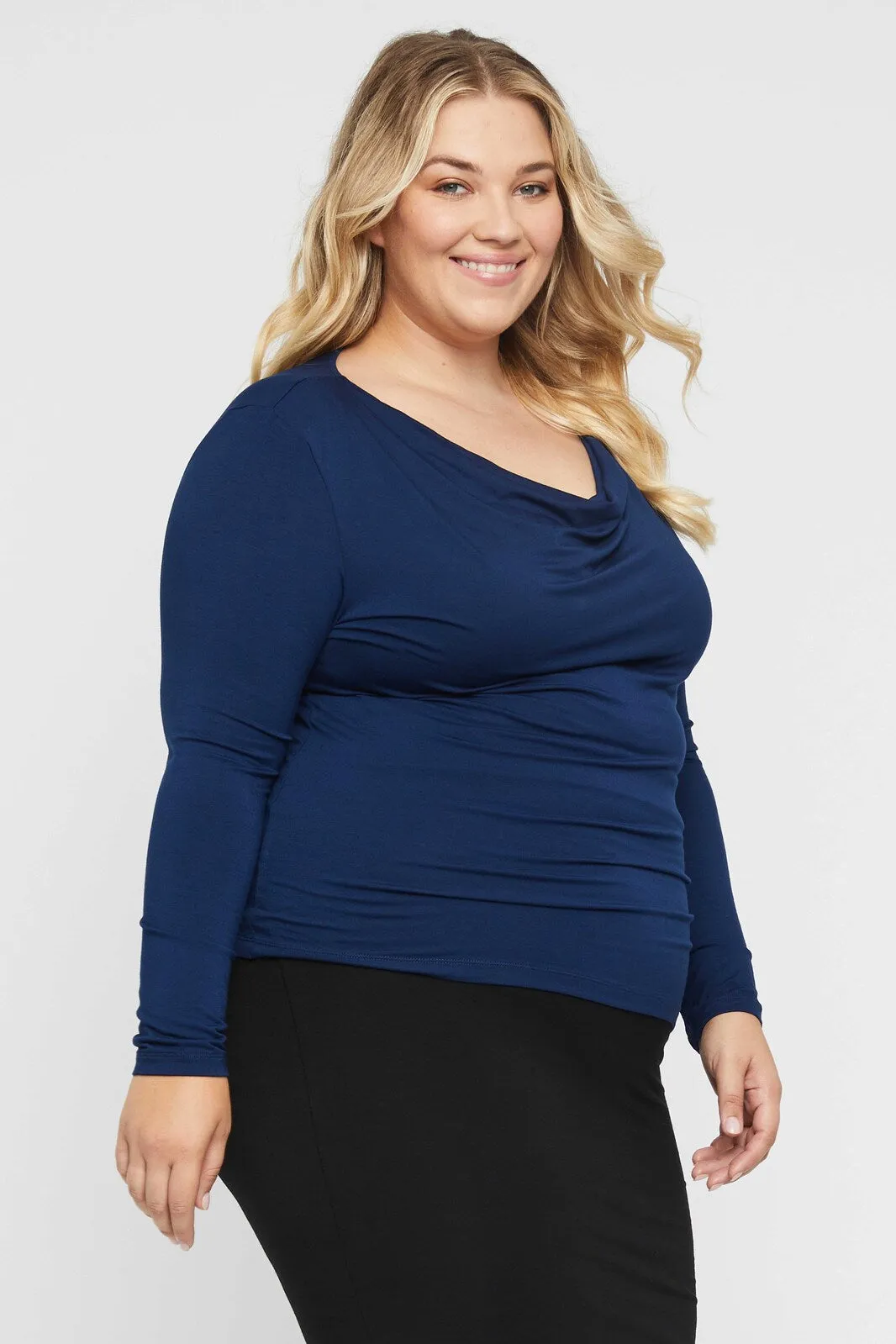 Long Sleeve Cowl Neck Top - Navy