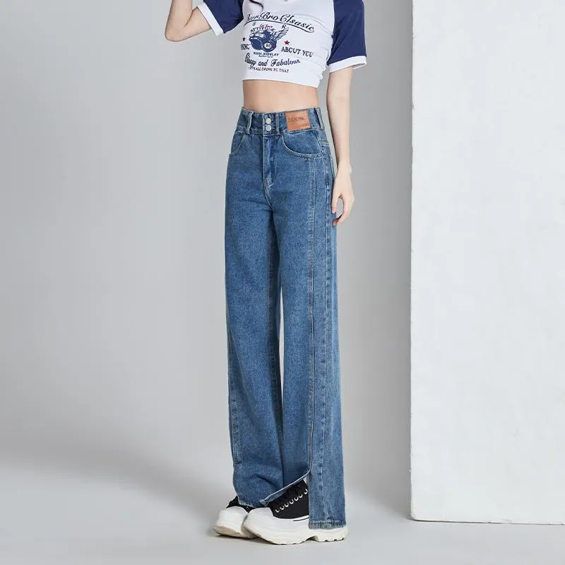 Loose Fit Thin Split Hem Straight Leg High-Waisted Jeans