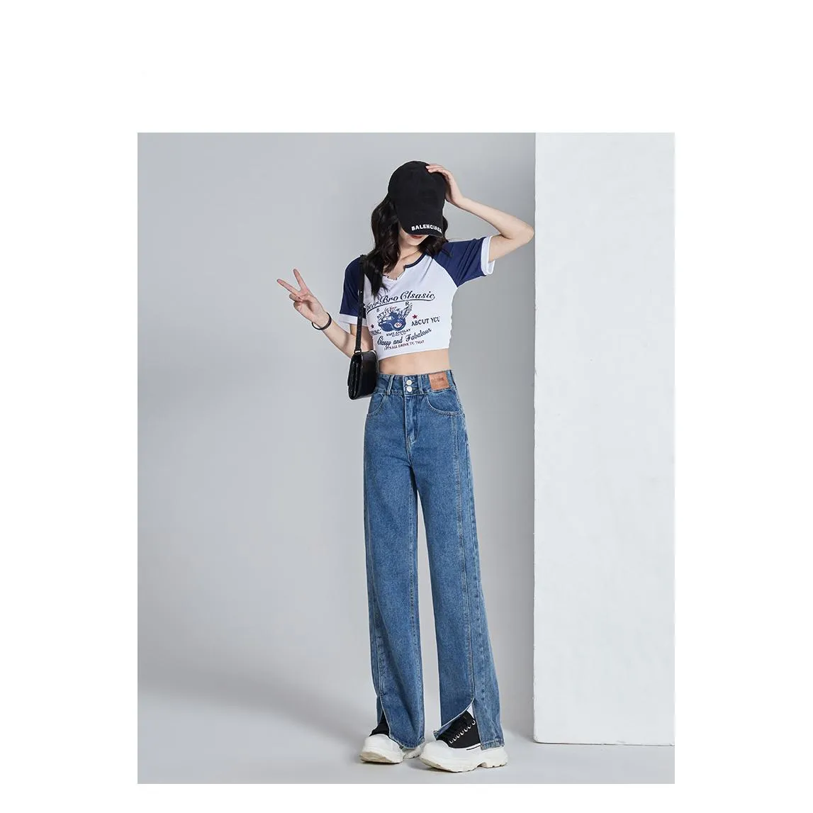 Loose Fit Thin Split Hem Straight Leg High-Waisted Jeans