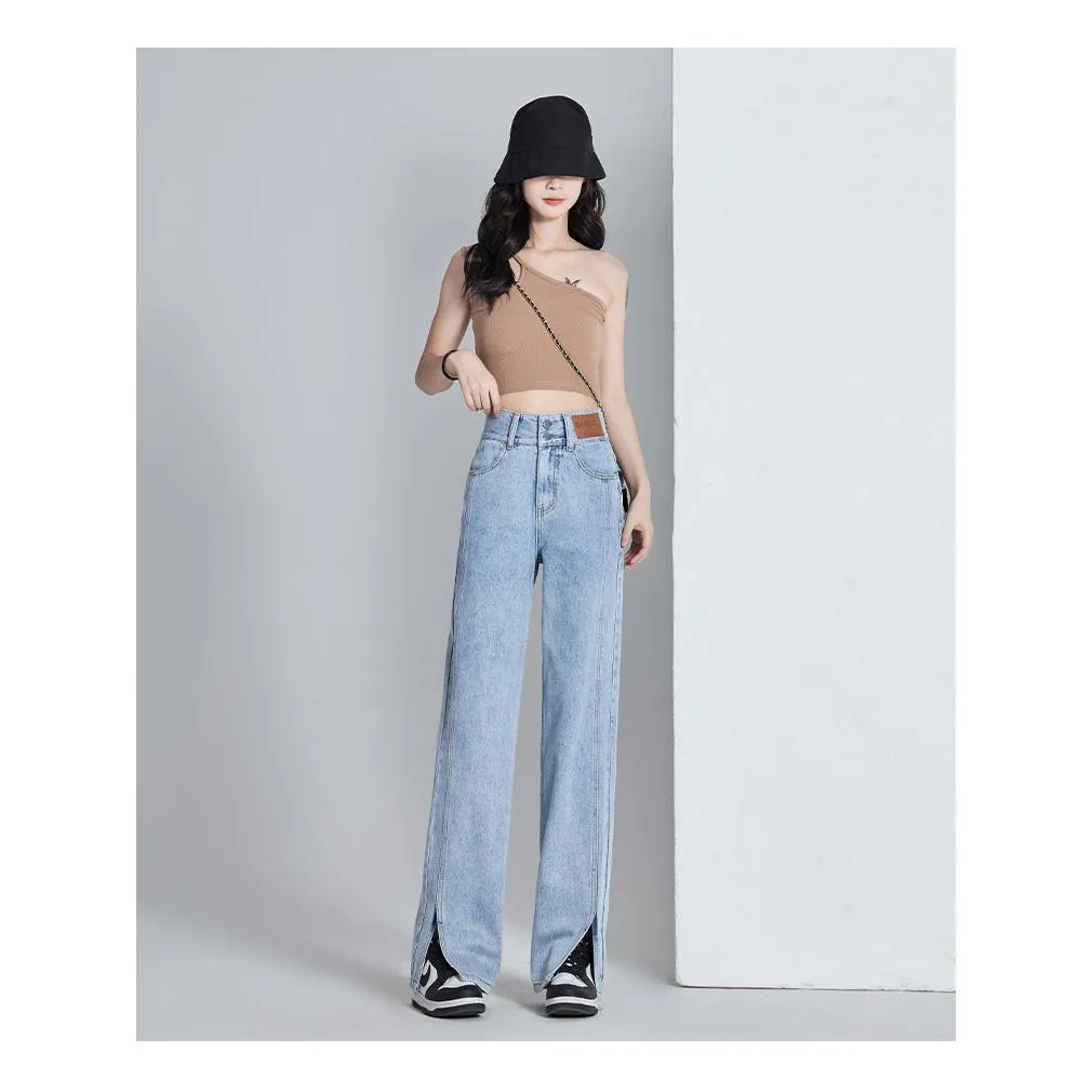 Loose Fit Thin Split Hem Straight Leg High-Waisted Jeans