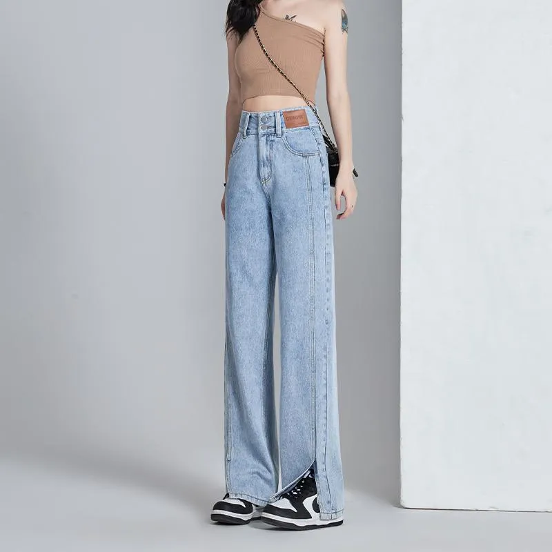 Loose Fit Thin Split Hem Straight Leg High-Waisted Jeans