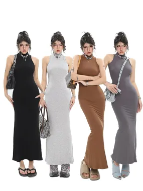 Mackenzie Solid Color Turtleneck Slim Bodycon Fishtail Sleeveless Long Maxi Dress