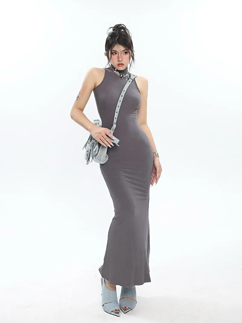 Mackenzie Solid Color Turtleneck Slim Bodycon Fishtail Sleeveless Long Maxi Dress