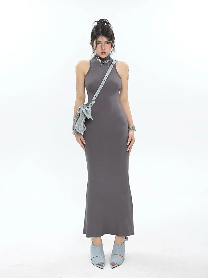 Mackenzie Solid Color Turtleneck Slim Bodycon Fishtail Sleeveless Long Maxi Dress