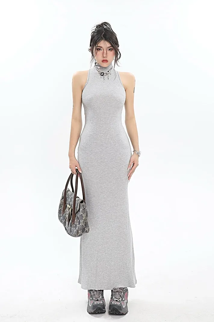 Mackenzie Solid Color Turtleneck Slim Bodycon Fishtail Sleeveless Long Maxi Dress