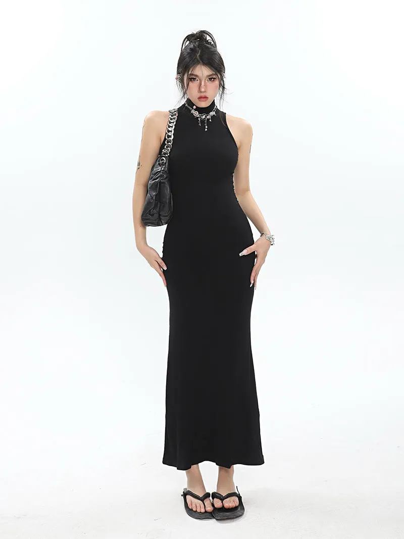 Mackenzie Solid Color Turtleneck Slim Bodycon Fishtail Sleeveless Long Maxi Dress