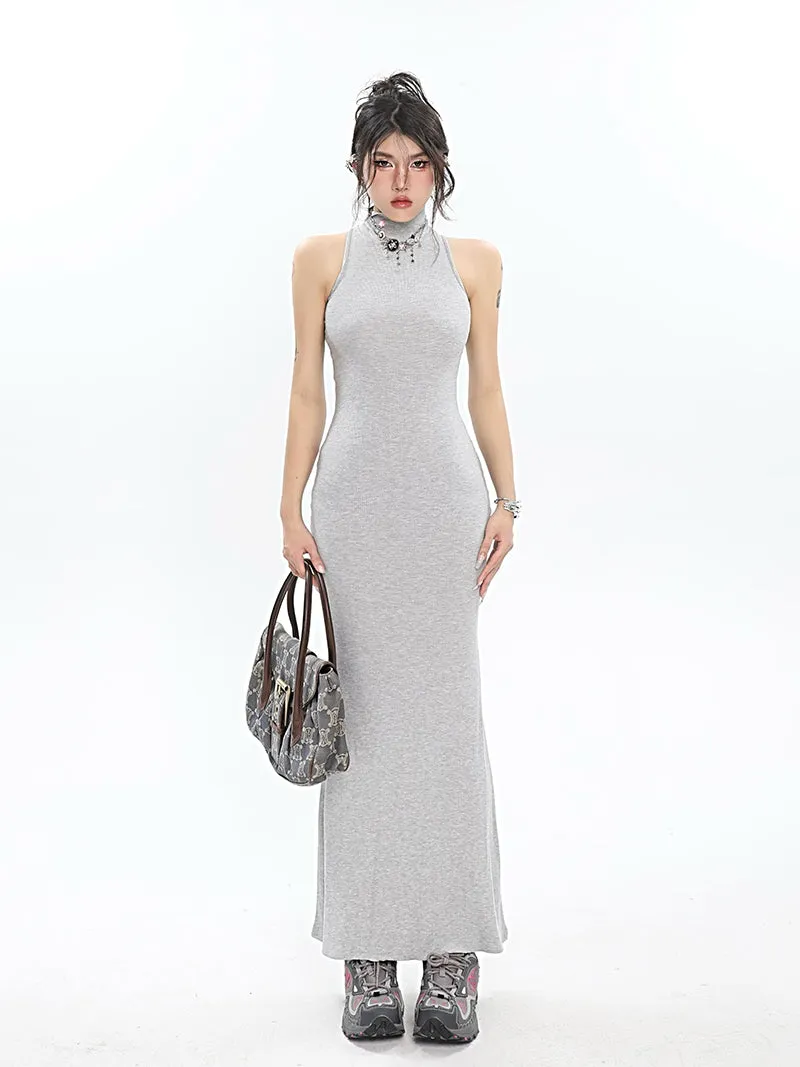 Mackenzie Solid Color Turtleneck Slim Bodycon Fishtail Sleeveless Long Maxi Dress