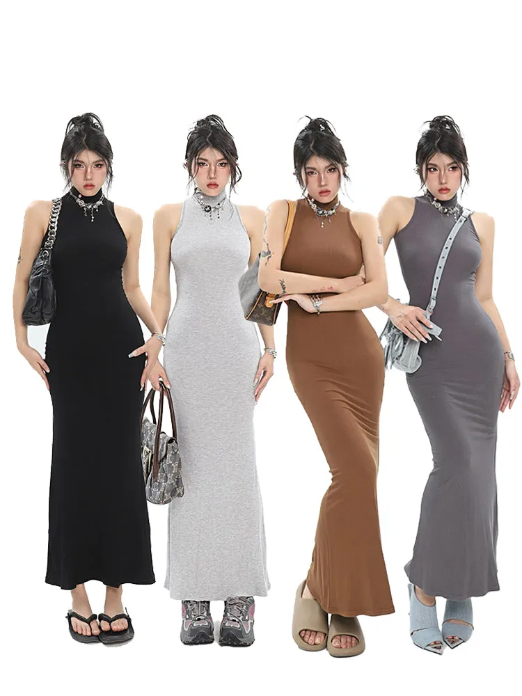 Mackenzie Solid Color Turtleneck Slim Bodycon Fishtail Sleeveless Long Maxi Dress