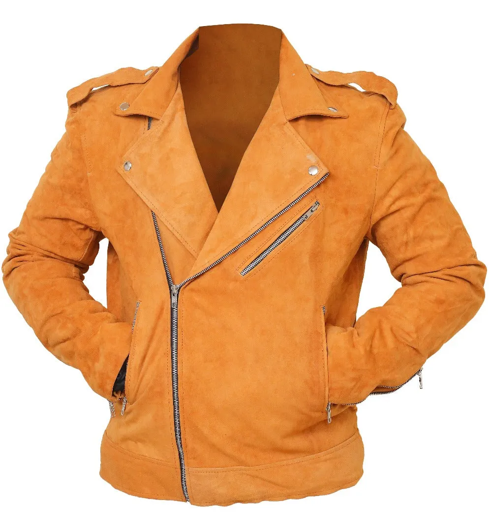 Men Suede Leather Camel Color Biker Leather Jacket