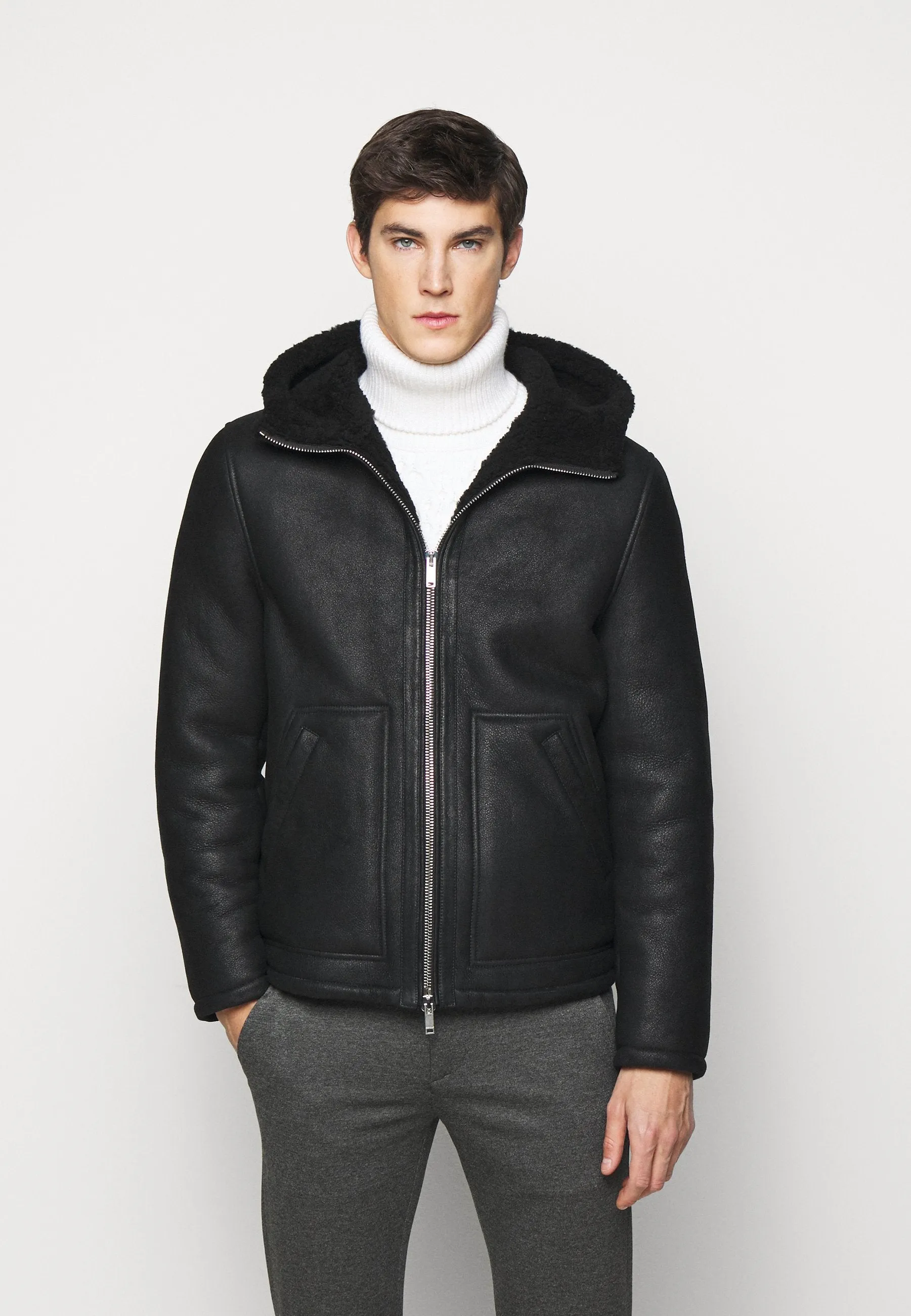 Men's Black Leather Shearling Hooded Jacket