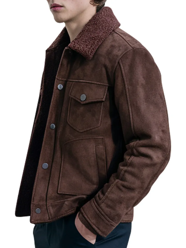 Men's Brown Suede Shearling Collar Jacket