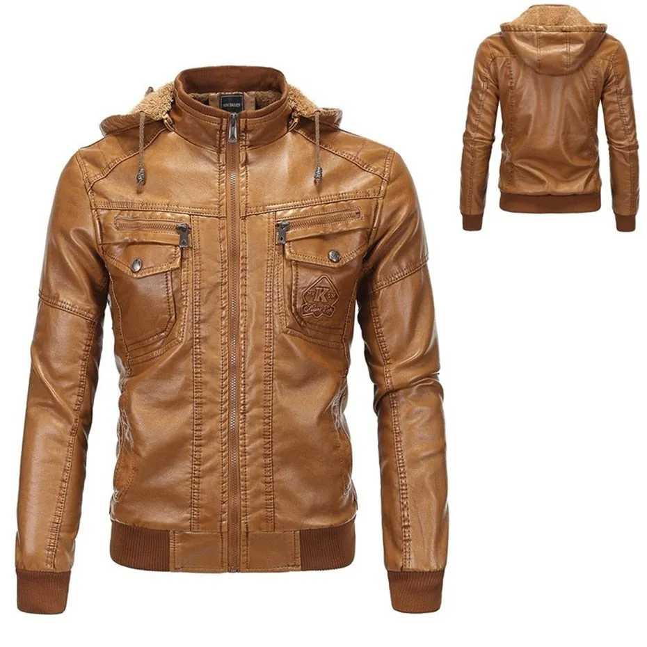 Men's Fleeced Leather Jacket with Cap Hooded