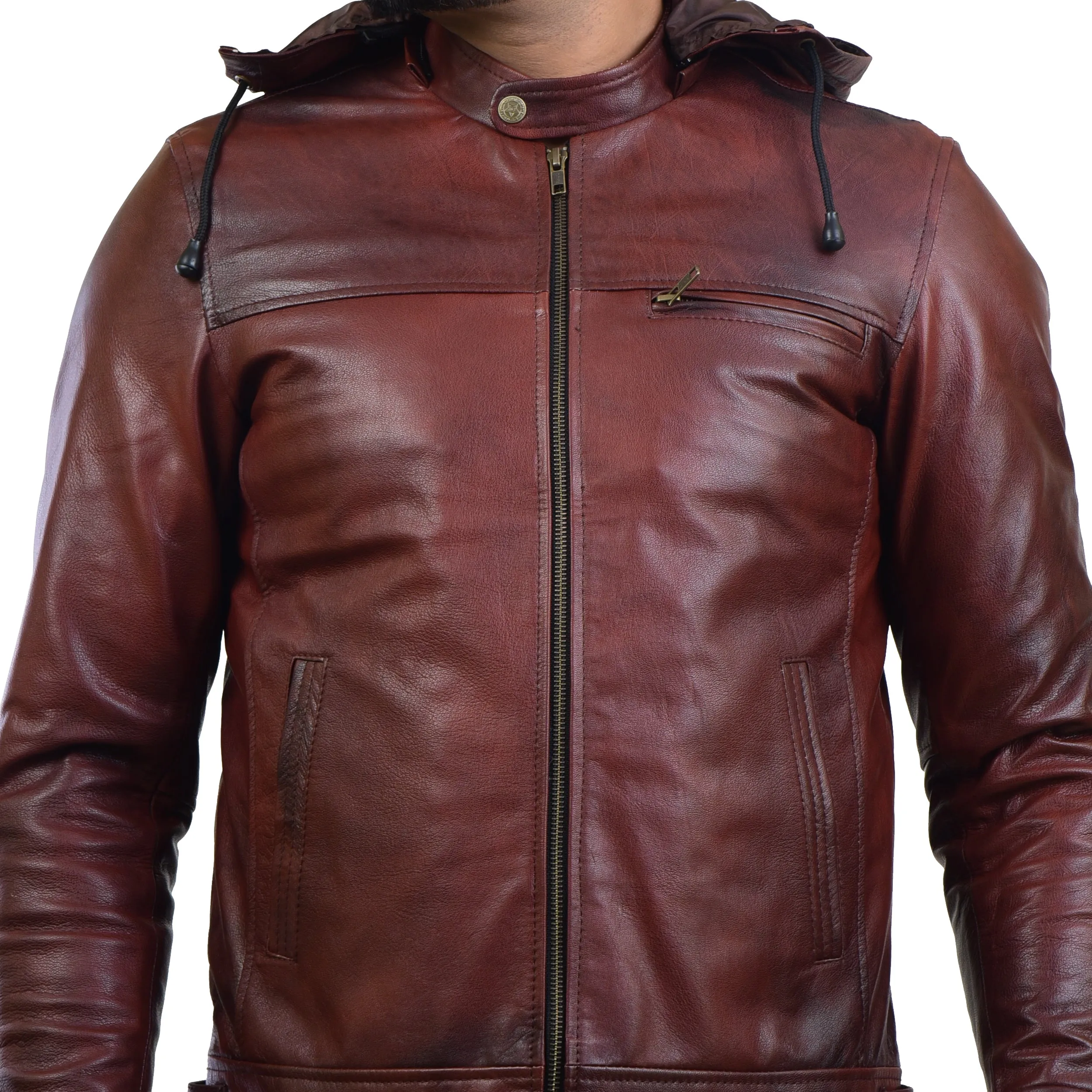 MENS LEATHER HOODED JACKET 410139(2 TONE)