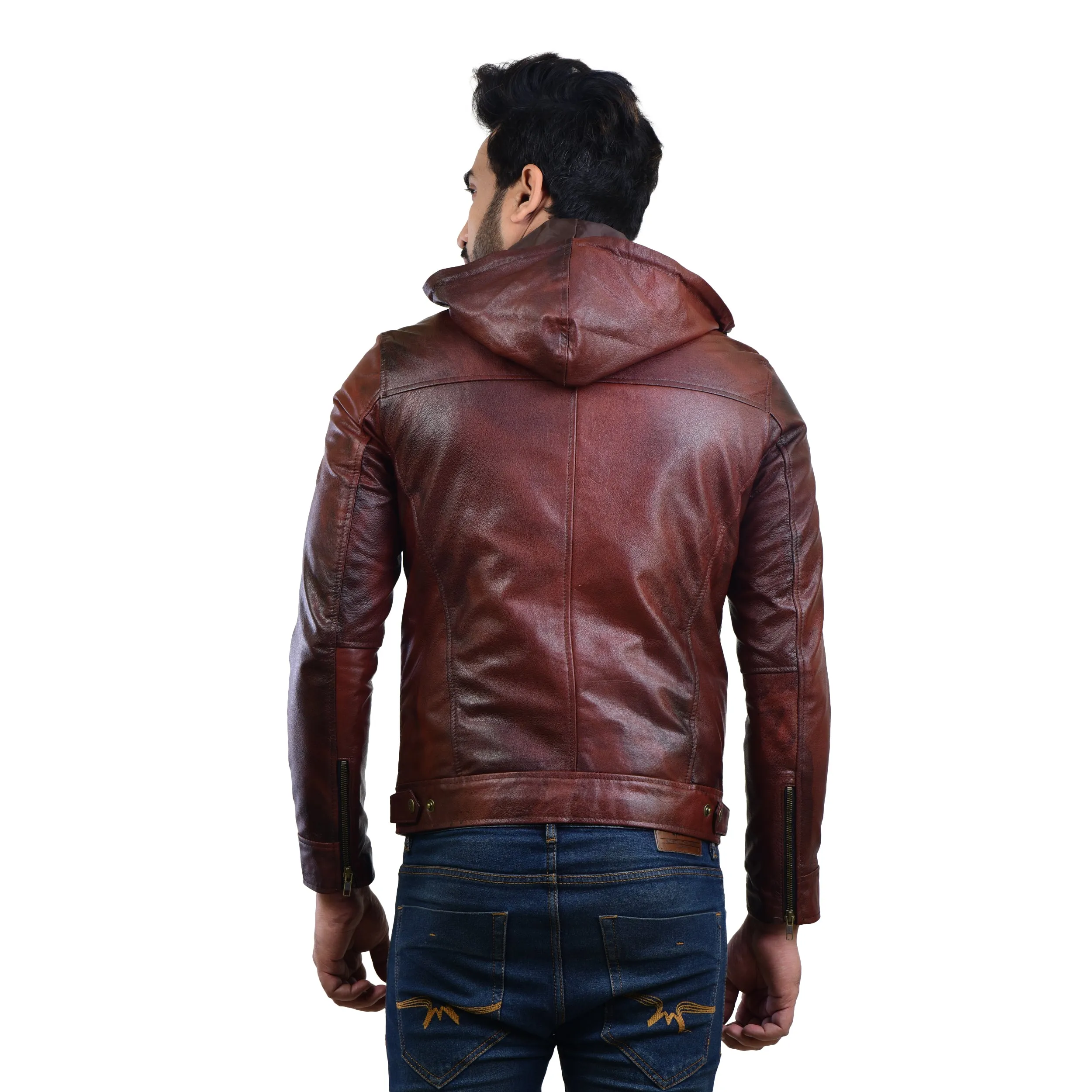 MENS LEATHER HOODED JACKET 410139(2 TONE)