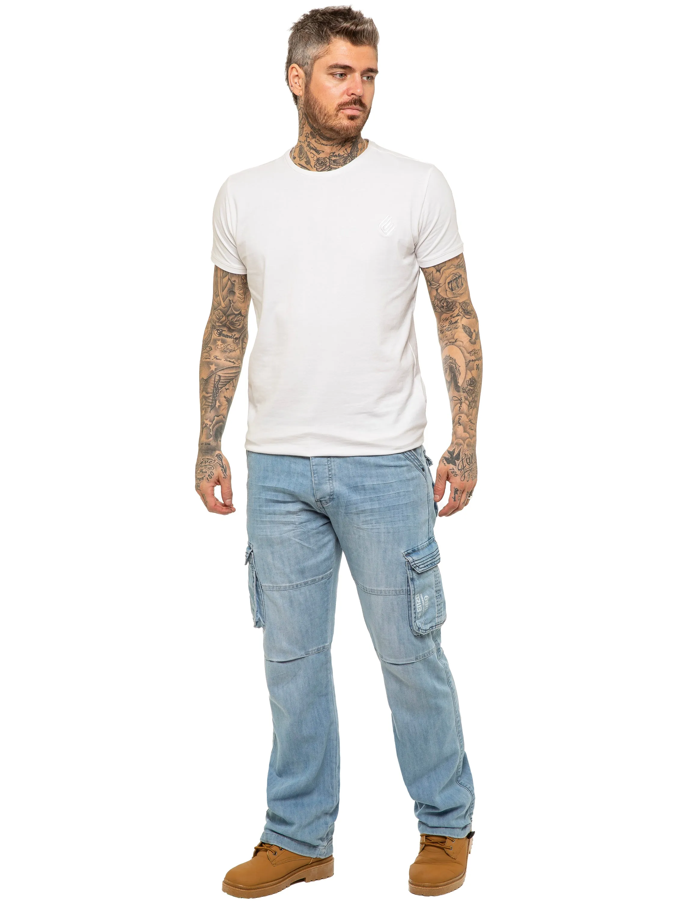 Mens Light Blue Combat Denim Jeans Mid Stonewash | Enzo Designer Menswear