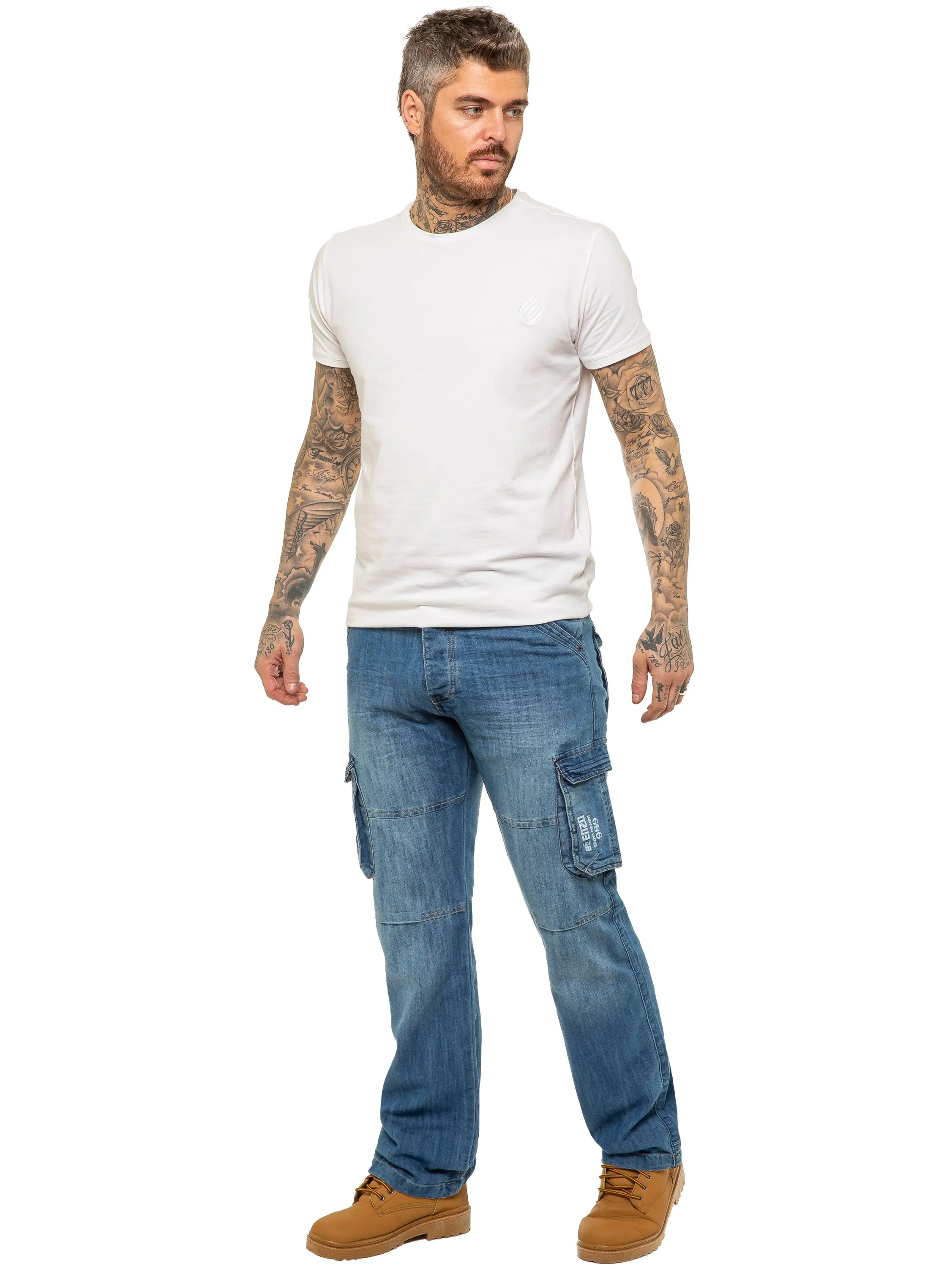 Mens Light Blue Combat Denim Jeans Mid Stonewash | Enzo Designer Menswear