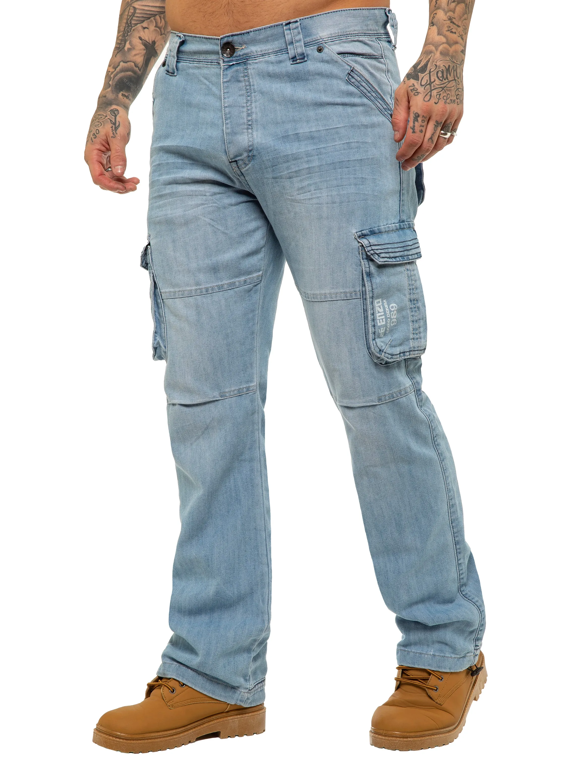 Mens Light Blue Combat Denim Jeans Mid Stonewash | Enzo Designer Menswear