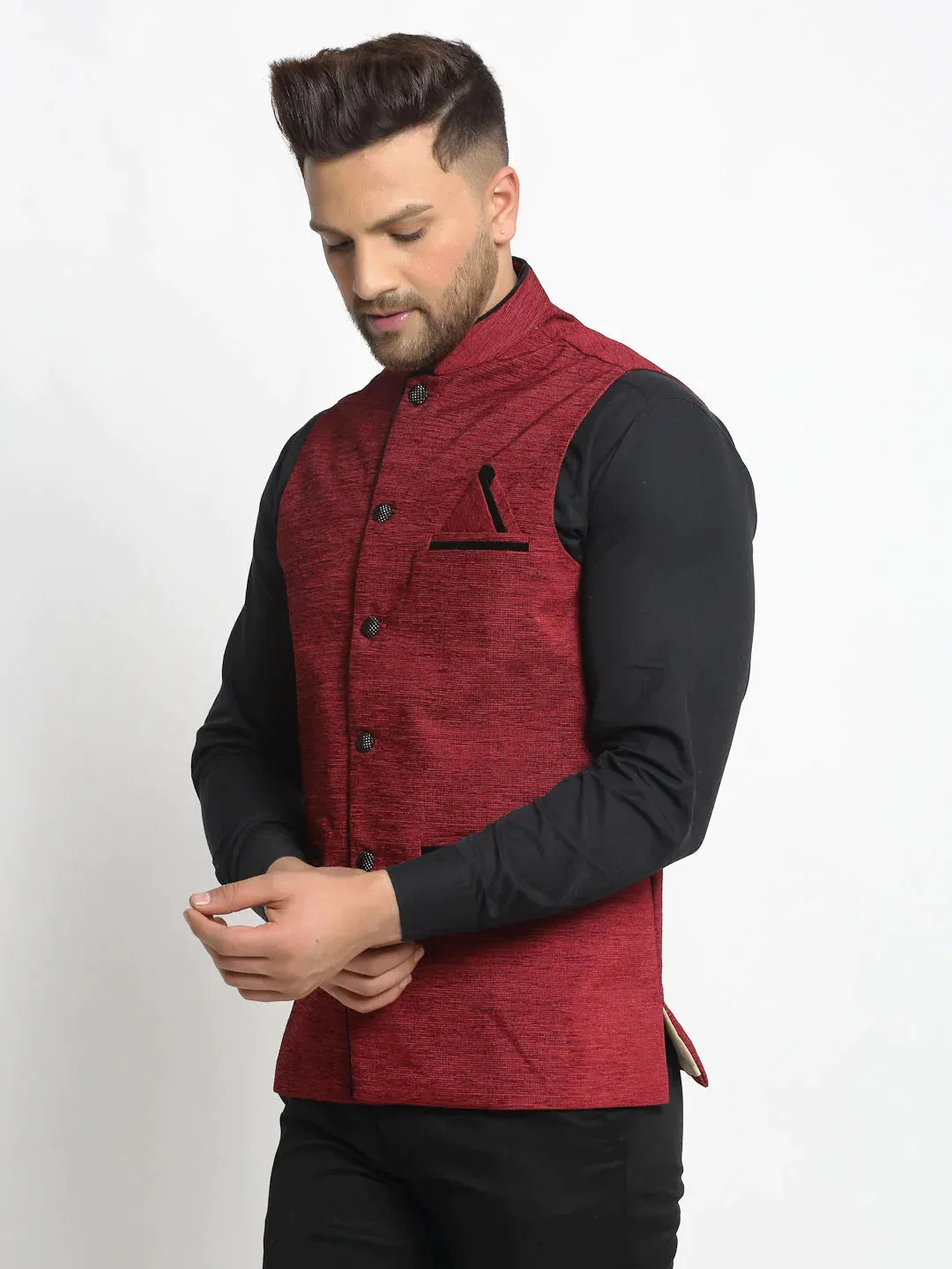 Men'S Maroon Solid Nehru Jacket With Square Pocket