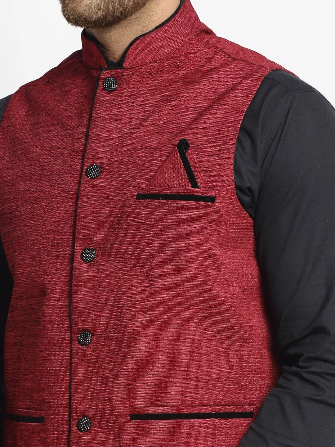 Men'S Maroon Solid Nehru Jacket With Square Pocket