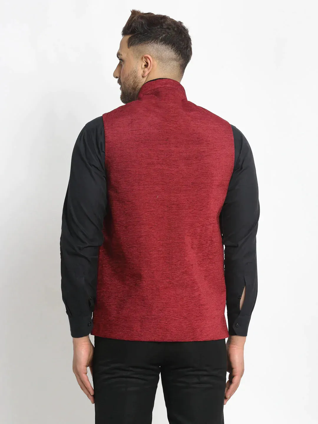 Men'S Maroon Solid Nehru Jacket With Square Pocket