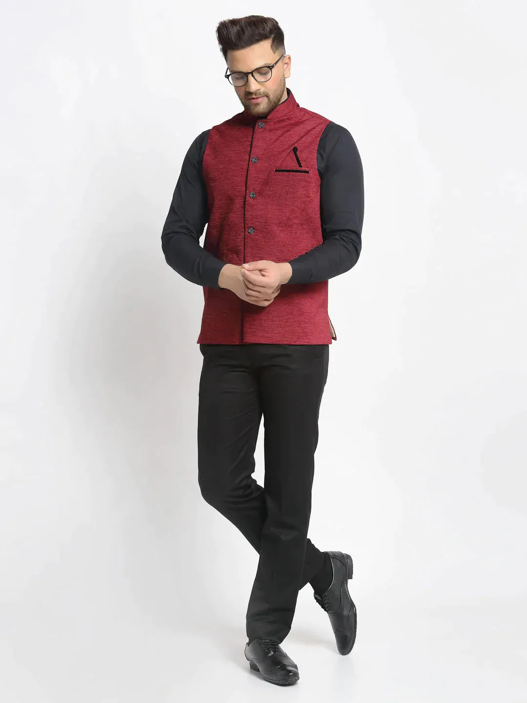 Men'S Maroon Solid Nehru Jacket With Square Pocket