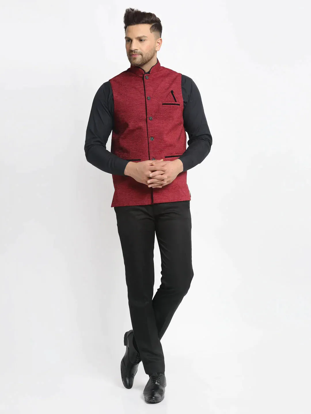 Men'S Maroon Solid Nehru Jacket With Square Pocket