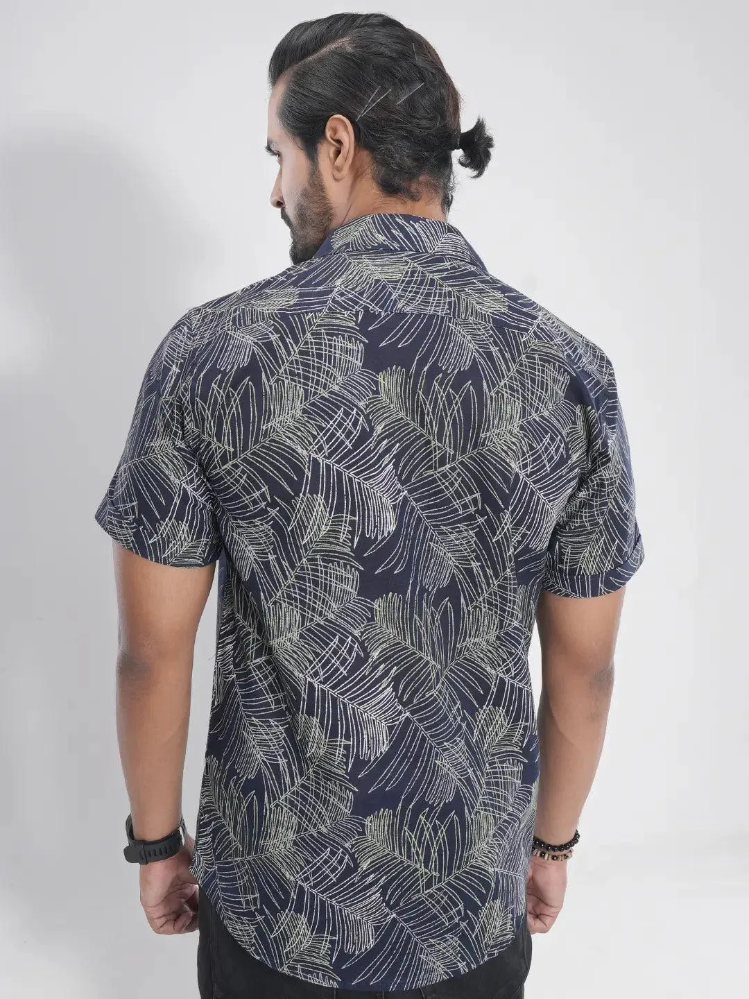 Men's Short Sleeve Casual Shirt in Denim Blue Printed