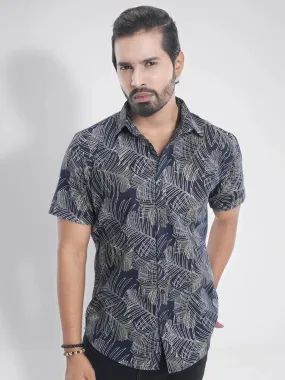 Men's Short Sleeve Casual Shirt in Denim Blue Printed