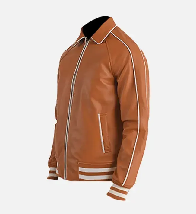 Men's Tan Brown Leather Varsity Jacket