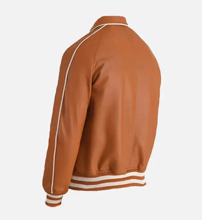 Men's Tan Brown Leather Varsity Jacket