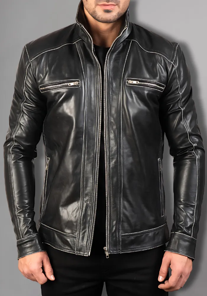 Men's Vintage Retro Biker Brown Waxed Leather Jacket