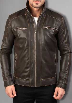 Men's Vintage Retro Biker Brown Waxed Leather Jacket