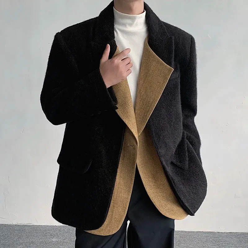 Menwear Stylish Male Fake Two-piece Balzer Autumn Winter Textured Woolen Suit Coat Trend Lapel Jakcets 9C3604