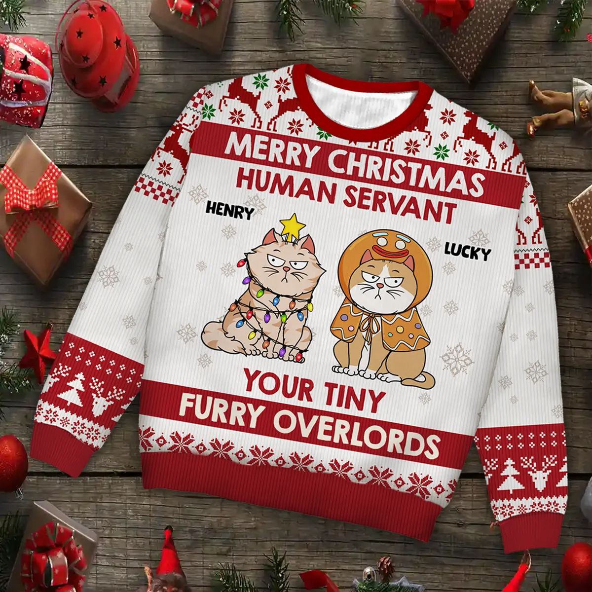 Merry Christmas Human Servant Your Tiny Furry Overlords - Personalized Unisex Ugly Sweater