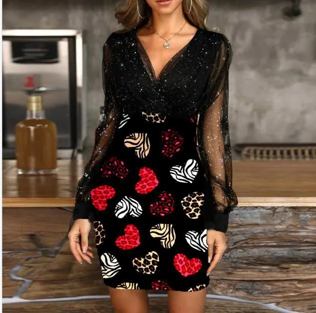 Mesh V-neck Printing Sequined Slim Fit Sexy Print Dress