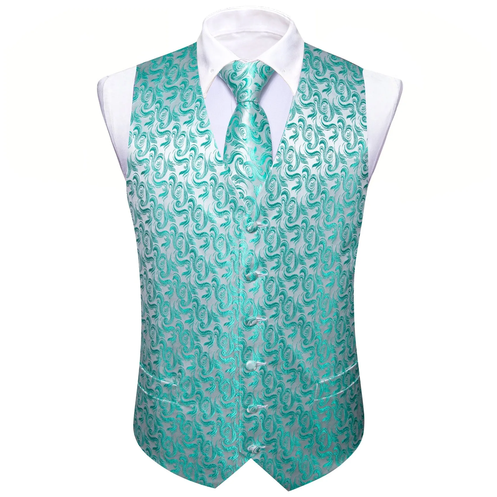 Mint Blue Formal Floral Jacquard  Men's Vest Tie Hanky Cufflinks Silk Set