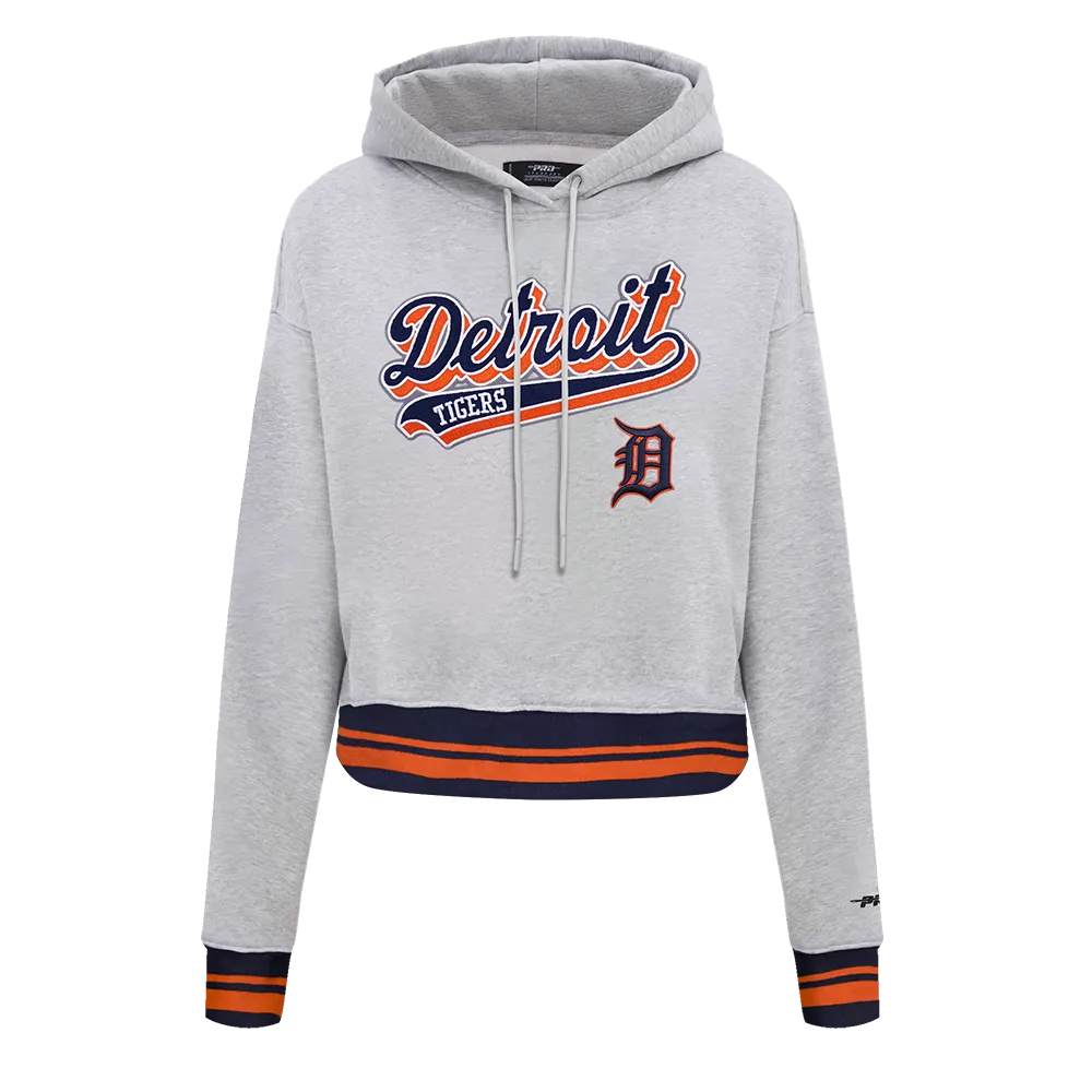 MLB DETROIT TIGERS SCRIPT TAIL WOMEN'S RIB FLC CROPPED PO HOODIE (HEATHER GREY/MIDNIGHT NAVY/ORANGE)