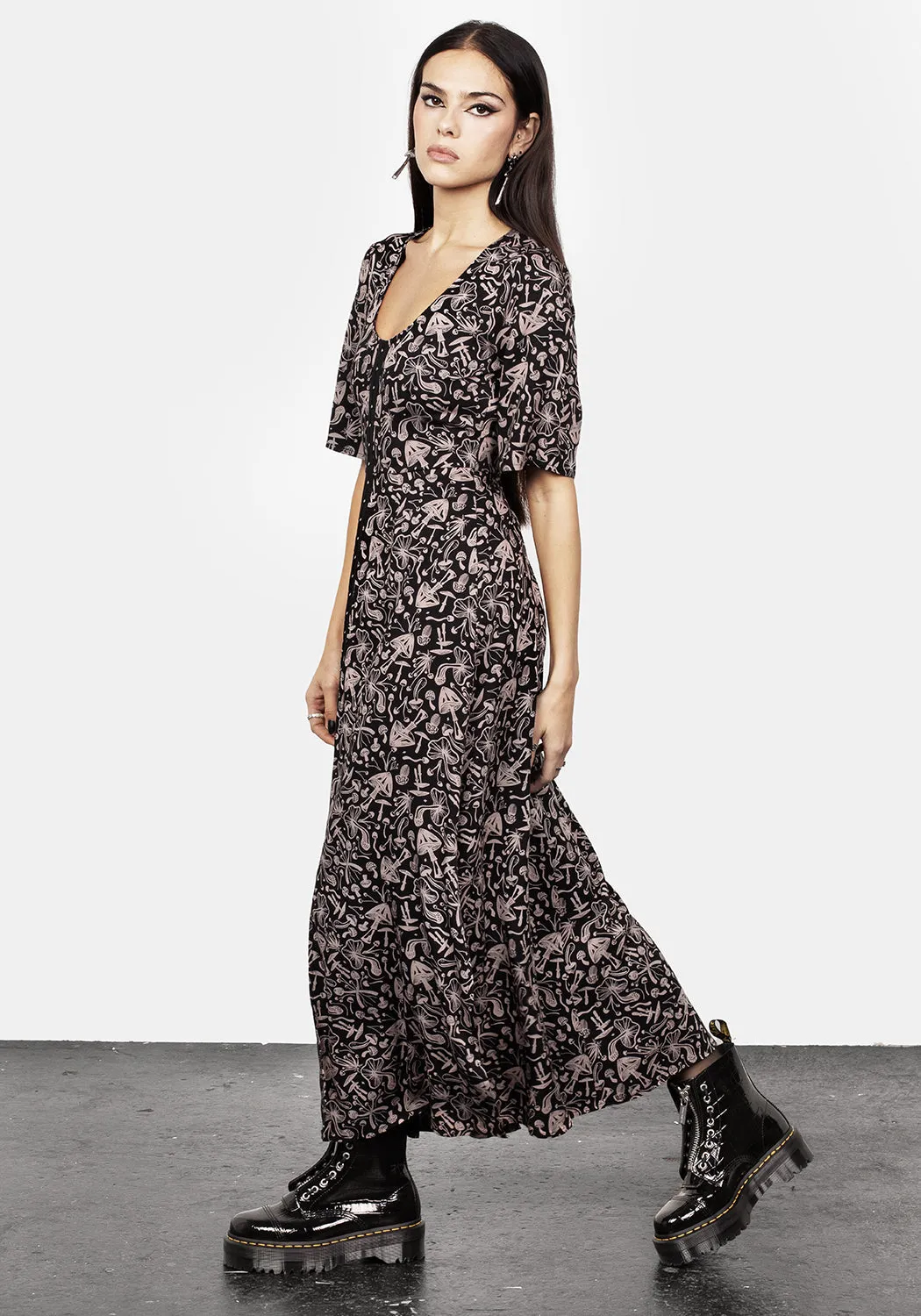 Mycophile Mushroom Print Split Maxi Dress