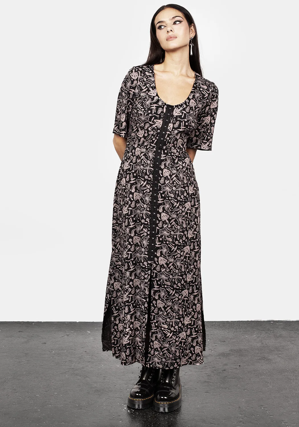 Mycophile Mushroom Print Split Maxi Dress