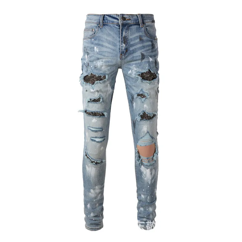 NEW Men's Knife Ripped Studded Premium Jeans