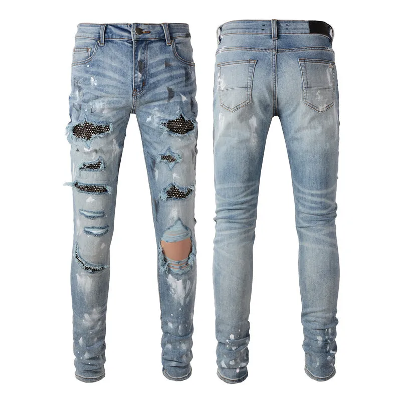 NEW Men's Knife Ripped Studded Premium Jeans