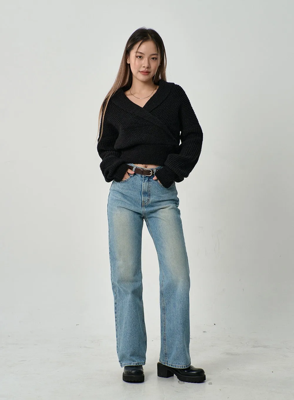 Off-Shoulder V-Neck Crossed Sweater CD19