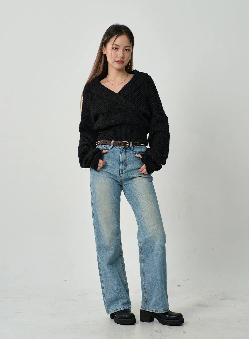 Off-Shoulder V-Neck Crossed Sweater CD19