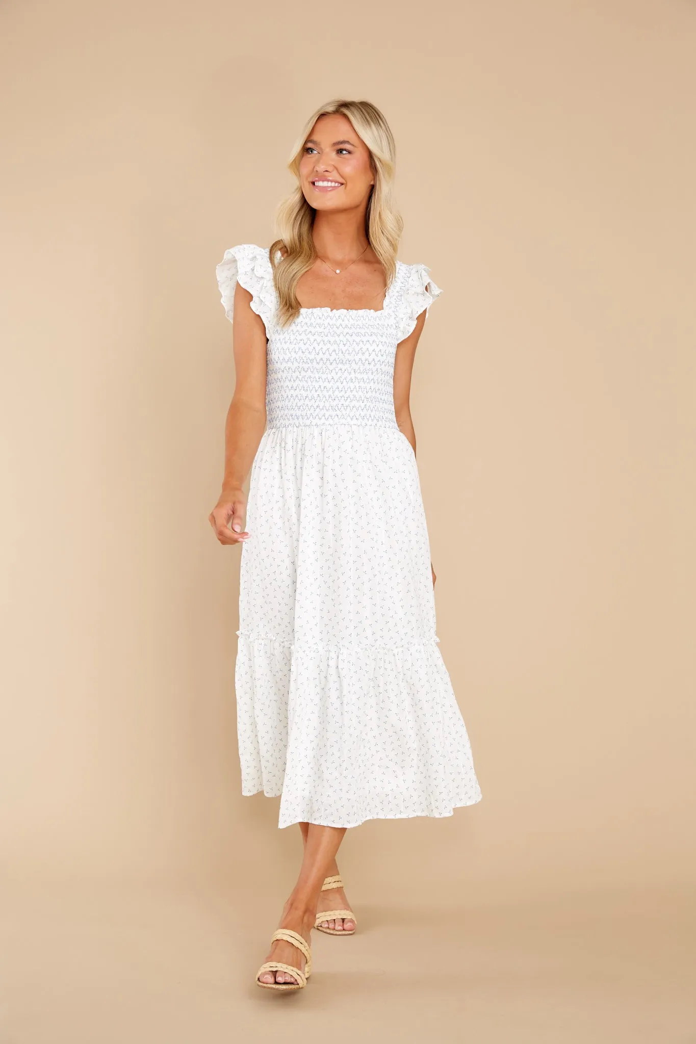 Peaceful Blooms White Floral Print Cotton Midi Dress