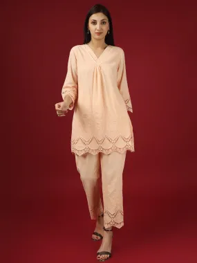 Peach Embroidered Cotton Kurta with Pants- Set of 2