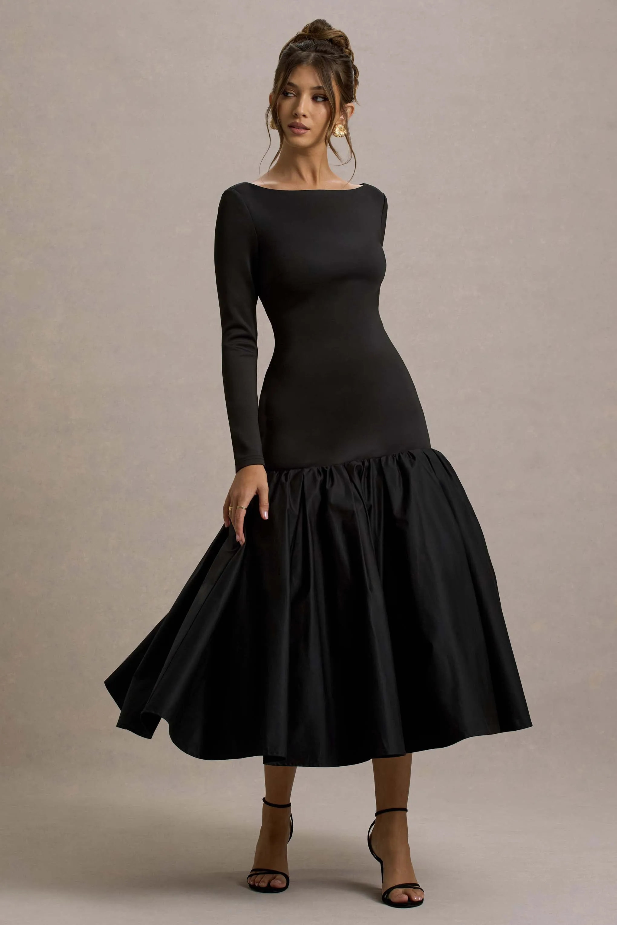 Perpetua | Black Drop-Waist Midi Dress With Volume Skirt